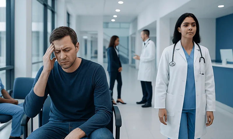 Patient with headache in hospital waiting area with medical staff nearby.