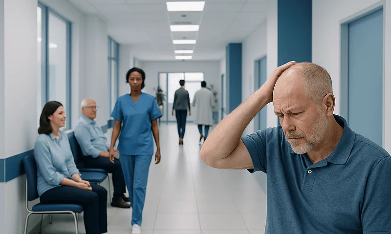 Man with head pain in hospital corridor with medical staff and patients.