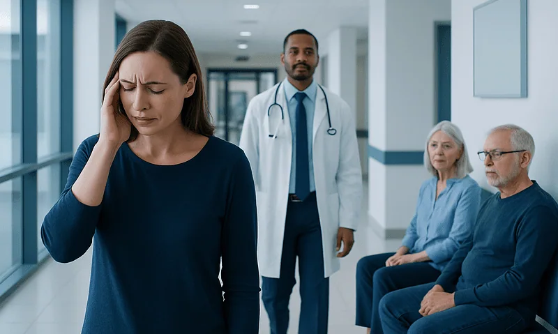 Woman experiencing headache in hospital corridor with doctor and elderly patients nearby.