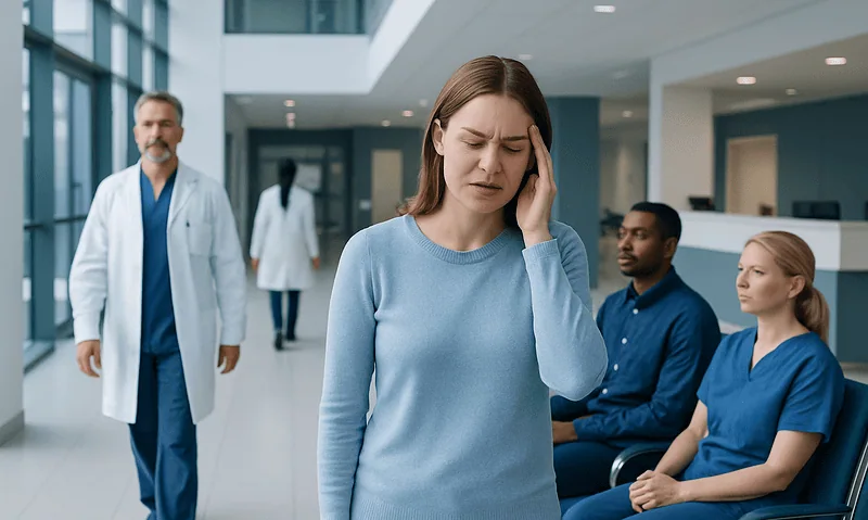 Woman experiencing headache in hospital waiting area with medical staff nearby.