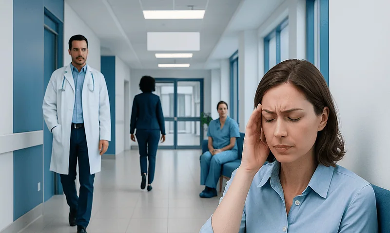 Woman with headache in hospital corridor with medical staff.
