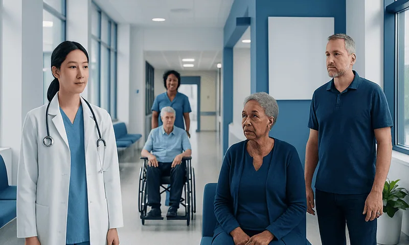 Healthcare team consulting with elderly patients in hospital corridor.