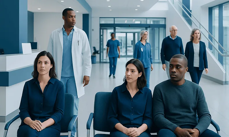 Diverse group of patients and healthcare professionals in hospital lobby.