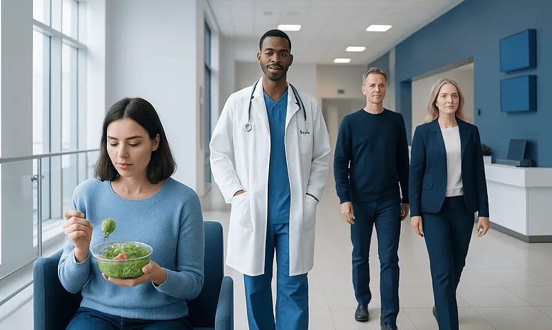 Patient with healthy salad in hospital corridor with medical staff nearby.