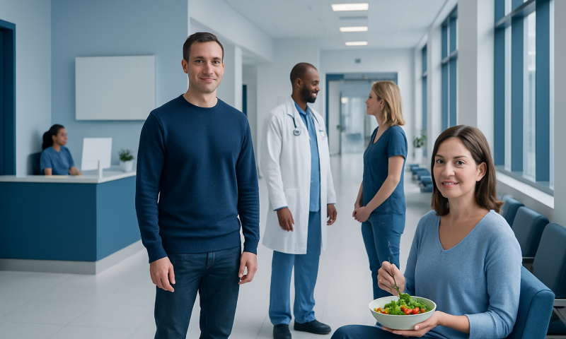 Healthy hospital staff and patient in a modern medical facility.