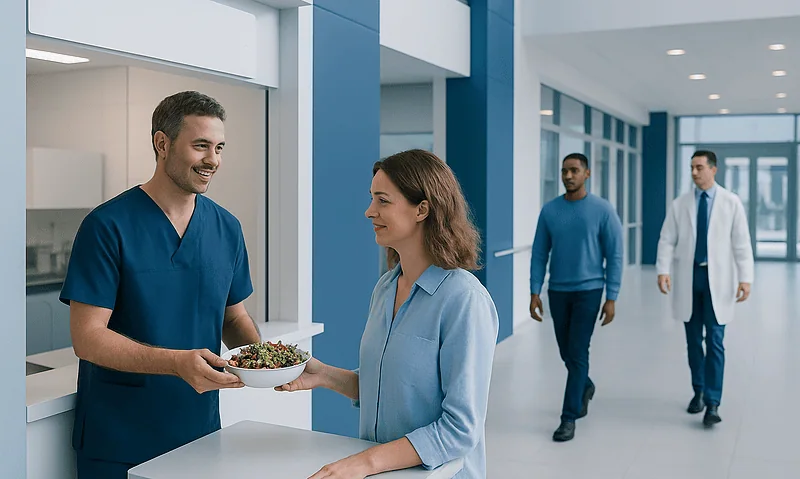 Hospital staff serving healthy food to a patient in a modern healthcare facility.