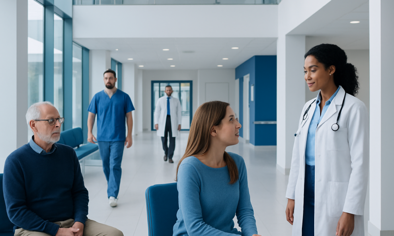 Doctor consulting with patient in hospital corridor with medical staff in background.