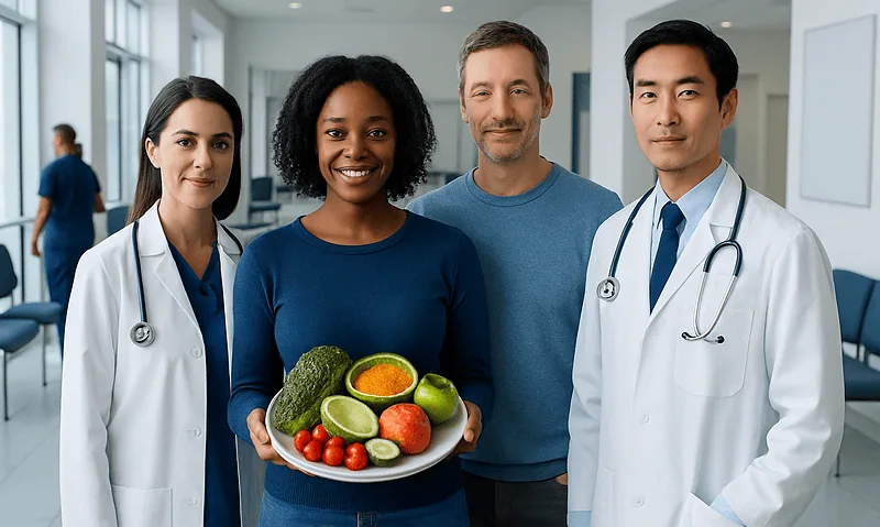 Diverse healthcare professionals with fresh vegetables in a hospital setting.