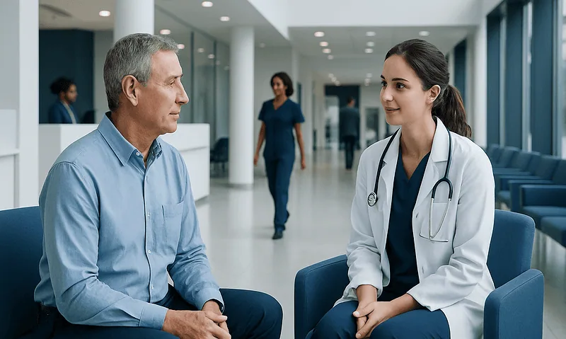 Doctor consulting with an elderly patient in a modern hospital lobby.