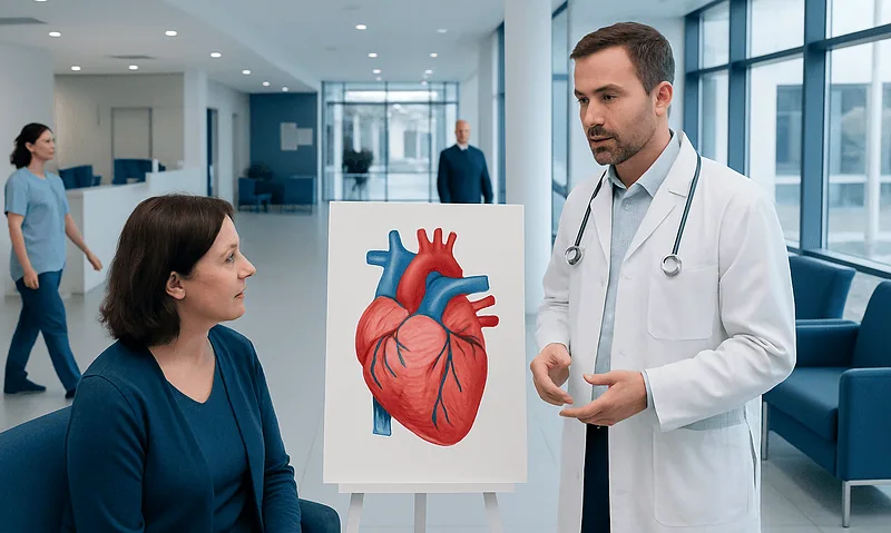 Doctor explaining heart anatomy to a patient in a hospital lobby.