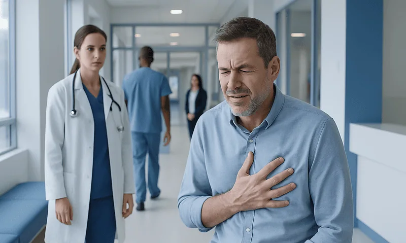 Man experiencing chest pain in hospital corridor with medical staff nearby.