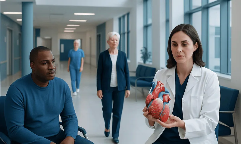 Heart attack types: A Complete Medical Guide for Patients 14 Doctor explaining heart anatomy to patients in hospital corridor.