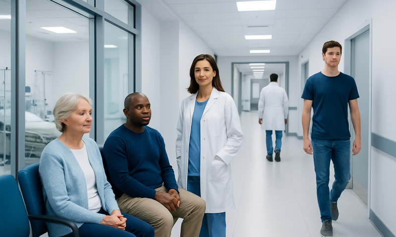 Patients waiting in a hospital corridor with medical staff nearby.