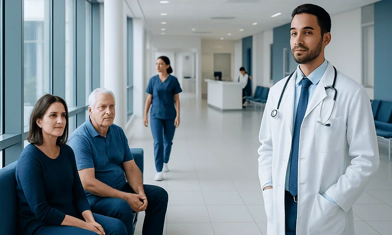 Doctor consulting with patients in a modern hospital corridor.