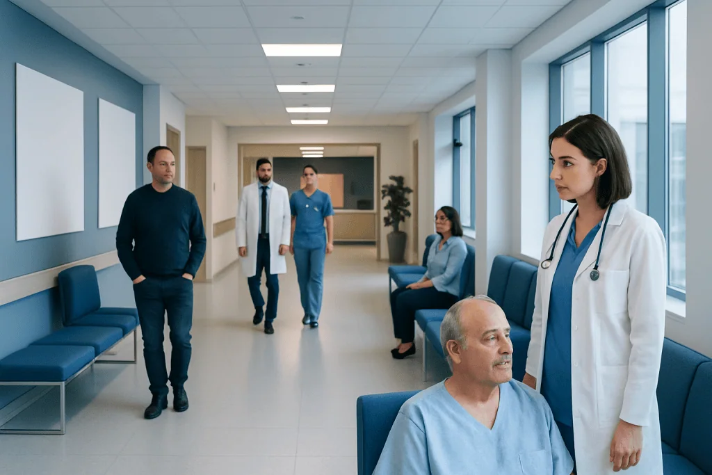 Heart Bypass Surgery Cost in Turkey: What Is Included? 1 Medical team and patient in hospital corridor at Acibadem Hospitals Group.