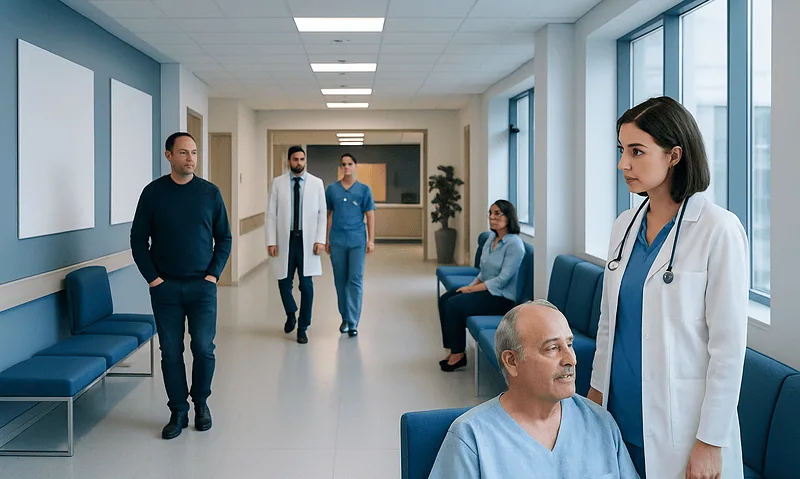 Medical team and patient in hospital corridor at Acibadem Hospitals Group.