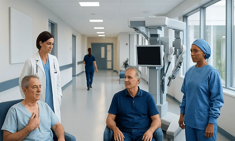 Medical team preparing for heart surgery in a modern hospital corridor.