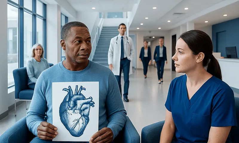 Patient holding an anatomical heart illustration during consultation at Acibadem Hospital.