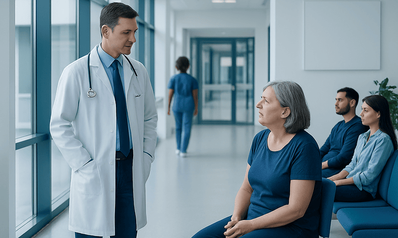 Doctor talking to senior woman patient in hospital corridor.