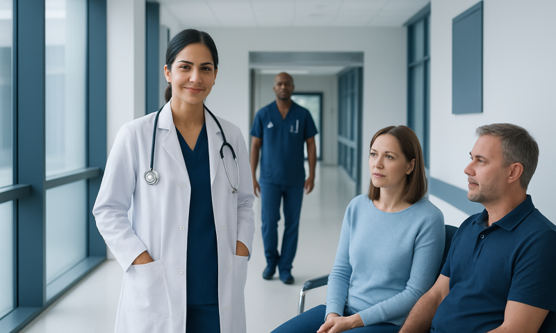 Medical professional with patients in hospital corridor at Acibadem Hospitals.