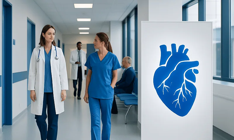 Medical professionals discussing heart health in hospital corridor.