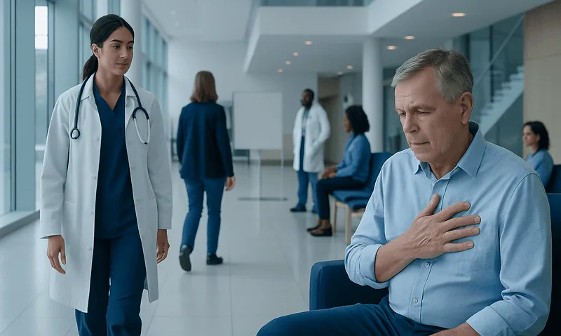 Heart Palpitations — Explained by Medical Evidence, Not Myths 16 Patient experiencing chest discomfort in a hospital waiting area.