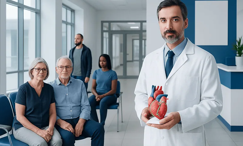 Doctor holding a heart model in a hospital corridor with patients.