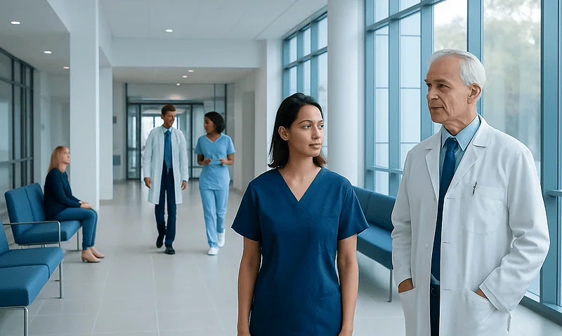 Healthcare professionals discussing patient care in hospital corridor.