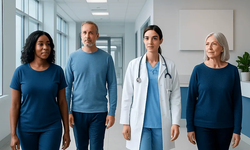 Medical team walking in hospital corridor with doctor and staff.