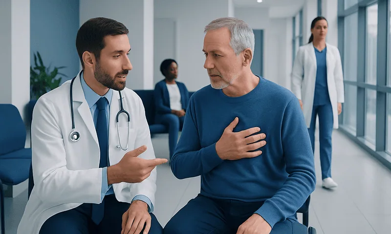 Doctor consulting with a patient about heart health in hospital corridor.