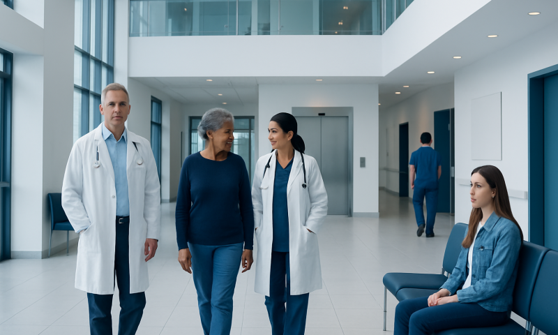 Medical team consulting with patient in hospital corridor.