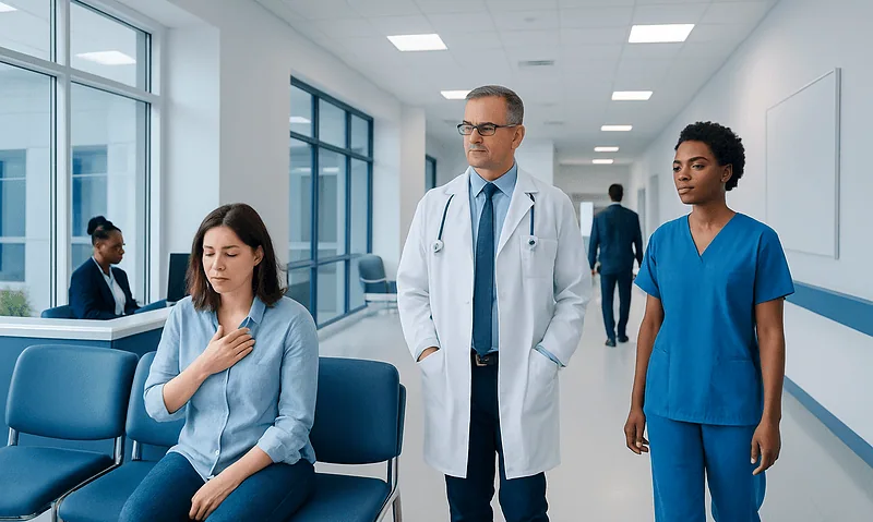 Patient experiencing heartburn in hospital waiting area with medical staff nearby.