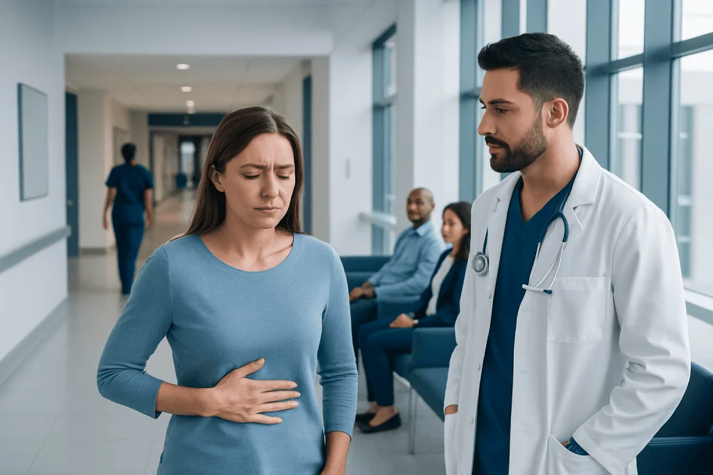 Heartburn Remedies: A Complete Medical Overview 1 Doctor examines woman with stomach pain in hospital corridor.