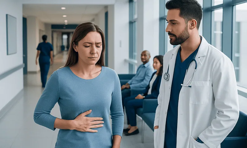 Doctor examines woman with stomach pain in hospital corridor.