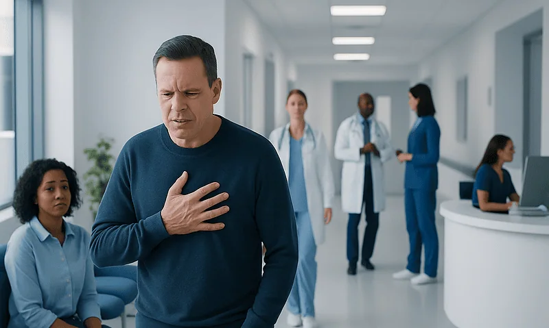 Man experiencing chest pain in hospital corridor with medical staff nearby.
