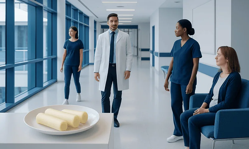 Medical team discussing patient care in hospital corridor with cheese on table.