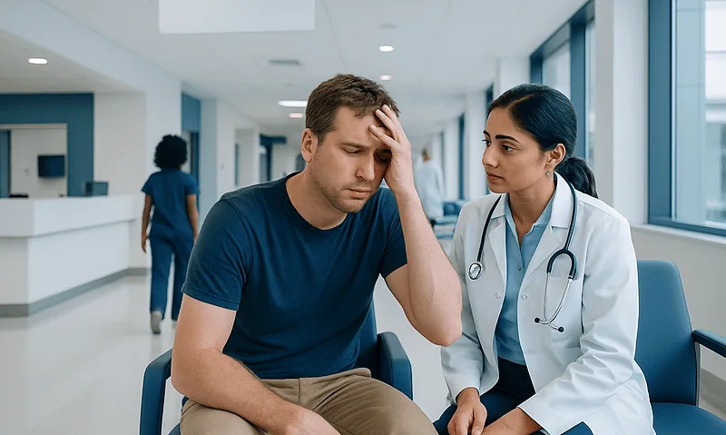 Patient experiencing headache in hospital waiting area with doctor nearby.