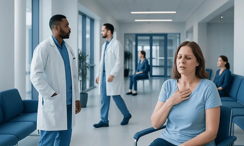 Patient experiencing heat intolerance in hospital waiting area.