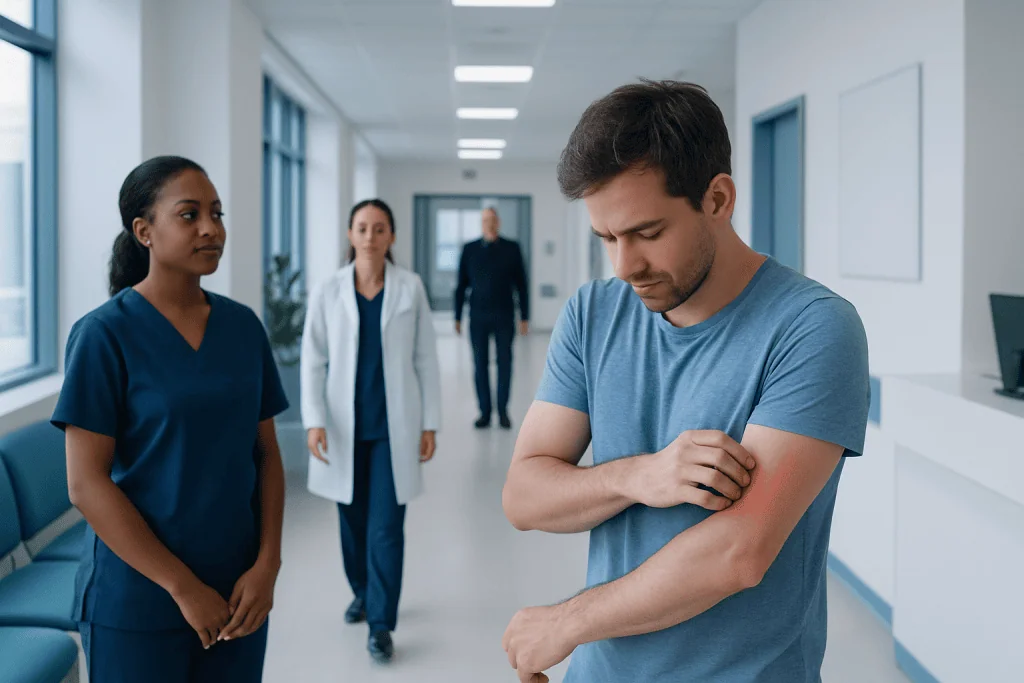 Heat Rash: Possible Causes and When to Seek Care 1 Young man with skin irritation in hospital corridor.