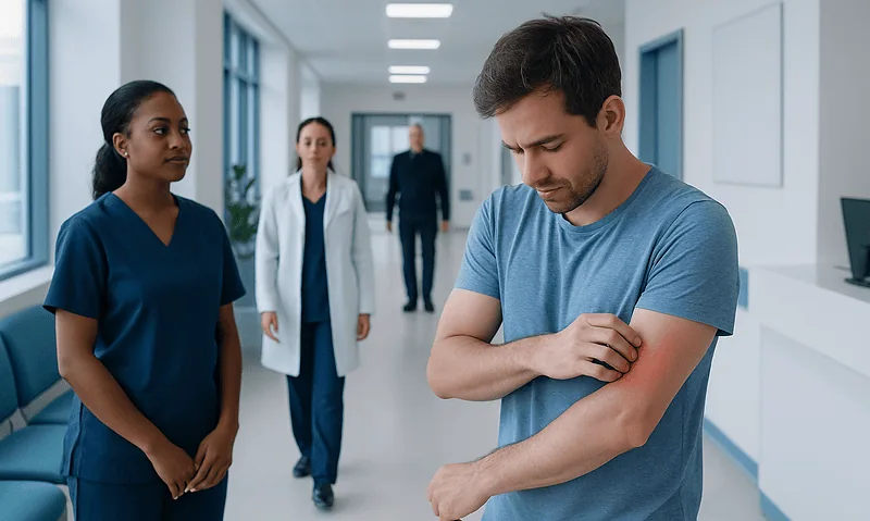 Young man with skin irritation in hospital corridor.