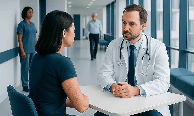 Doctor consulting a patient in a hospital corridor with staff in the background.
