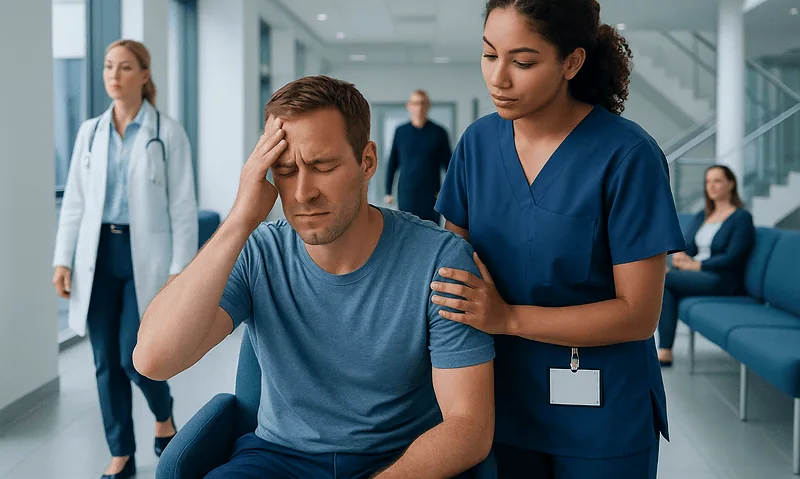 Patient experiencing heat stroke symptoms in a hospital waiting area.