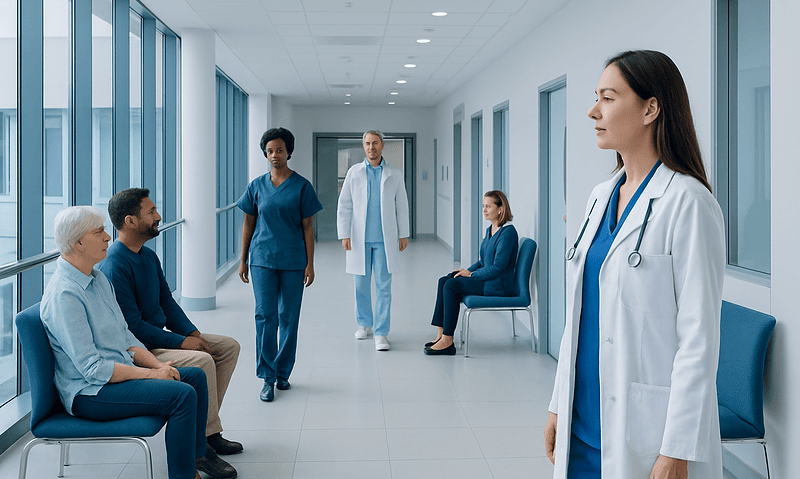 Medical team consulting patients in a hospital corridor.