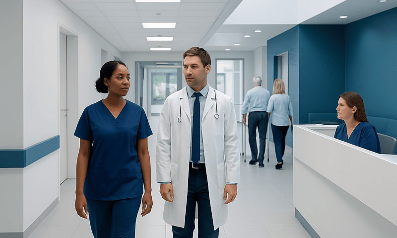 Medical professionals walking in a hospital corridor at Acibadem Hospitals Group.