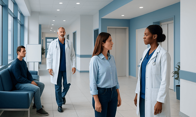Medical professionals and patient in hospital corridor at Acibadem Hospitals Group.