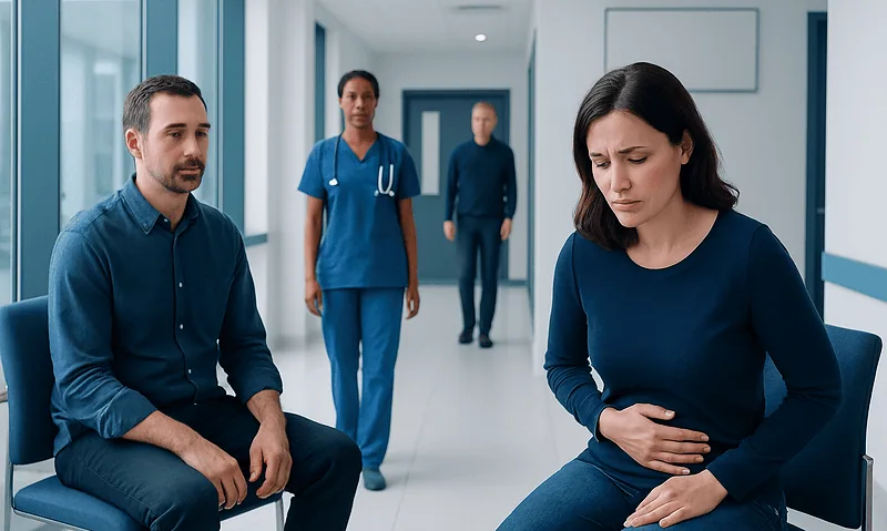 Signs You're Losing Too Much Blood During Period Explained: Causes, Management, and When to See a Doctor 4 Woman experiencing abdominal pain during period in a hospital setting.