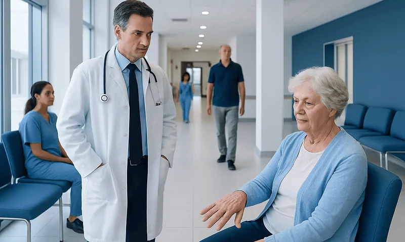 Doctor consulting elderly woman in hospital corridor.