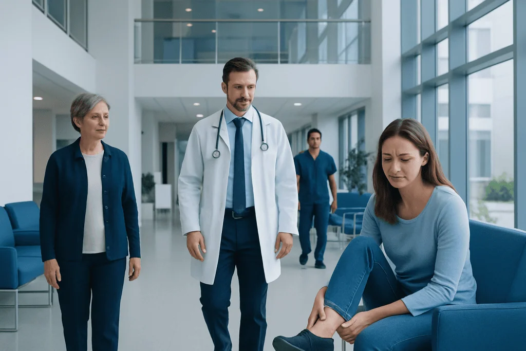 Heel Pain: Common Causes, Related Conditions, and When to See a Doctor 1 Doctor examining a woman with heel pain in a hospital lobby.