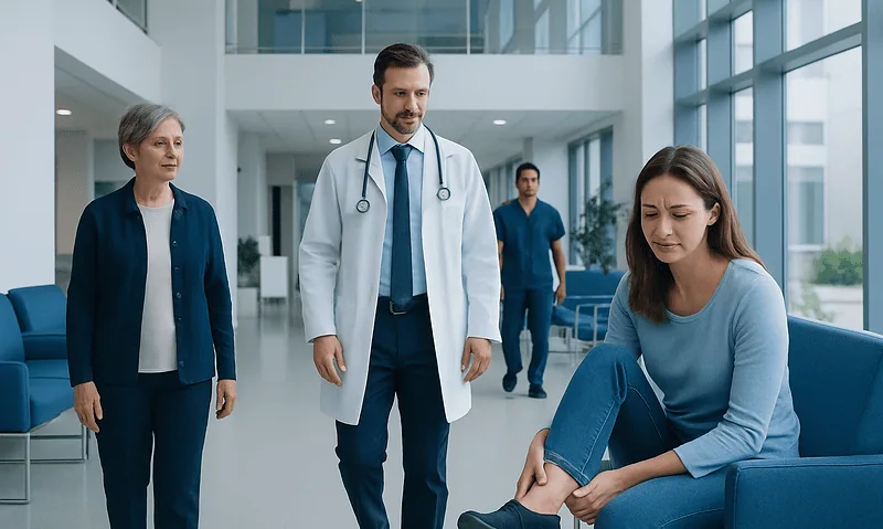 Doctor examining a woman with heel pain in a hospital lobby.