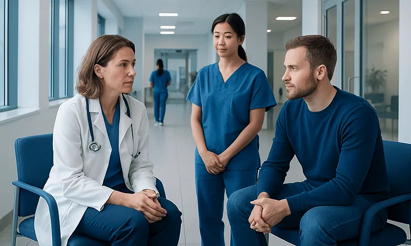 Doctor consulting with patient in hospital corridor with nurse present.
